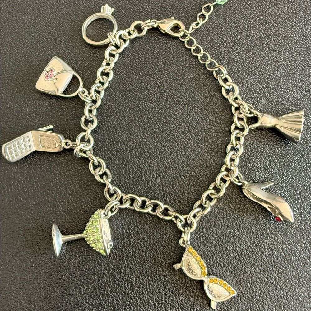 Silver-Tone Women's Charm Bracelet with Green and Yellow Crystal Accents
